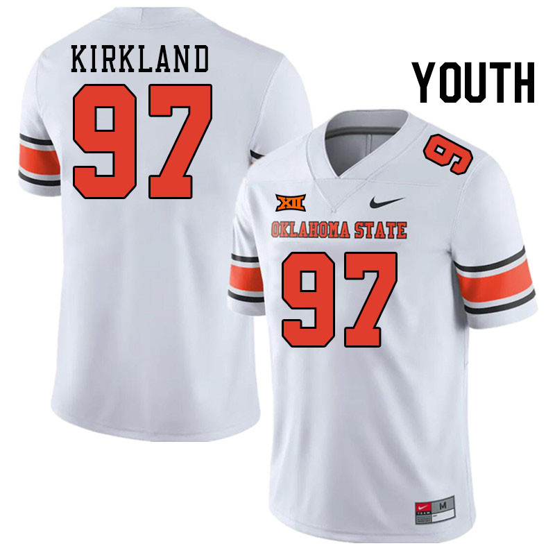 Youth #97 Justin Kirkland Oklahoma State Cowboys College Football Jerseys Stitched-White - Click Image to Close